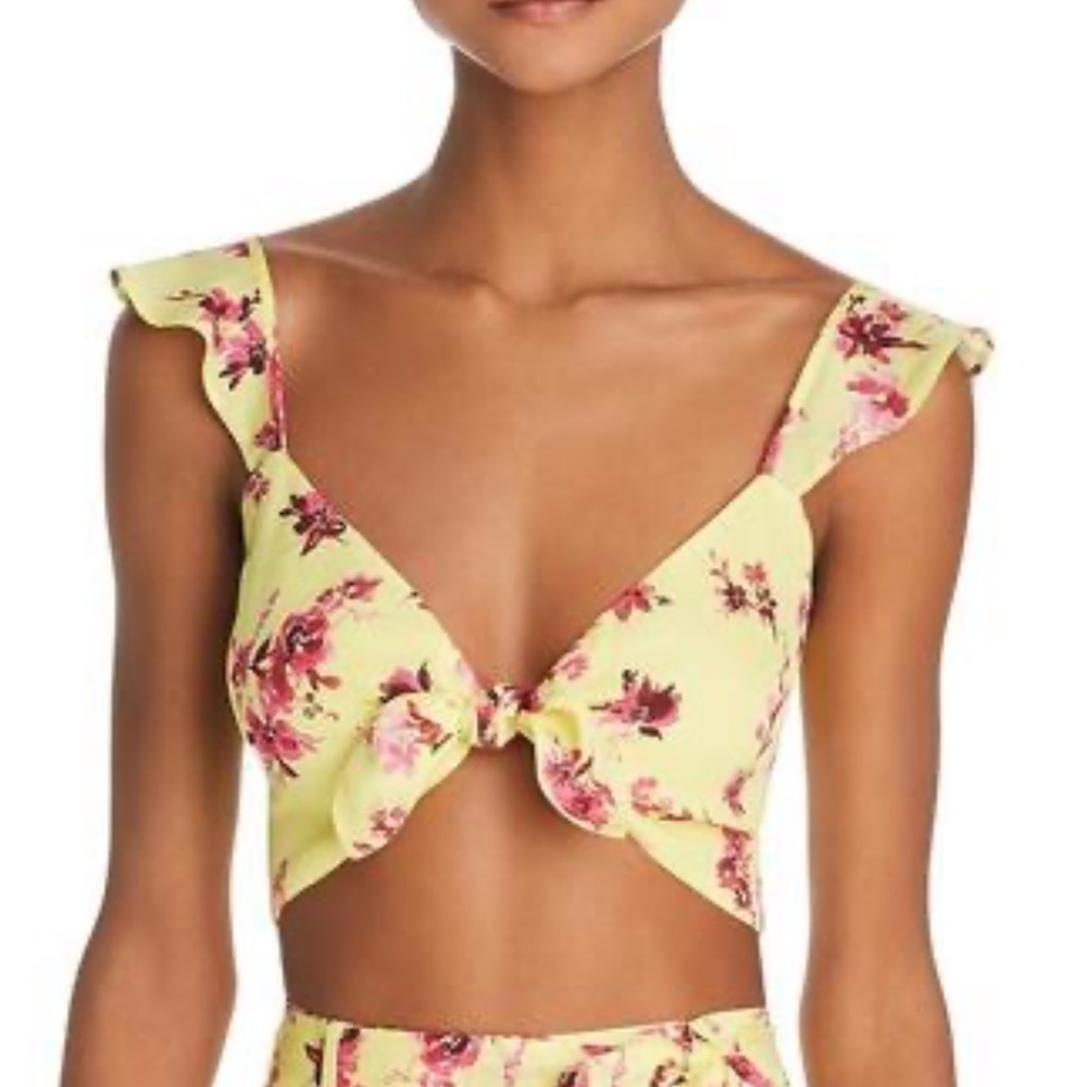 NWT Cami NYC Layla Yellow 100% Silk Tie Front Ruffled Floral Crop Top Shirt L